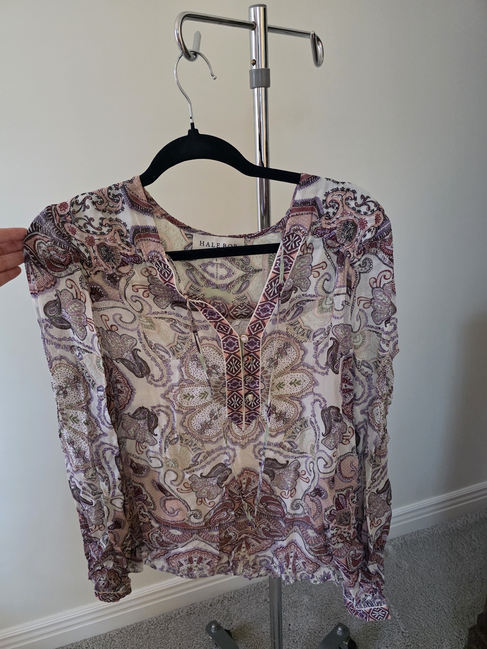 Hale Bob Womens Paisley Tie-Neck Blouse in Lavender